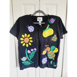 Side‎ Effects XL Vintage Sweater Short Sleeve Button Down Embroidered Beaded NWT
